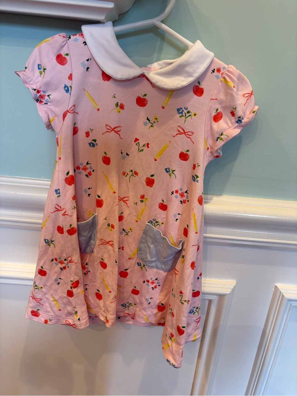 Girls' Pink Apple Print Peter Pan Collar Dress